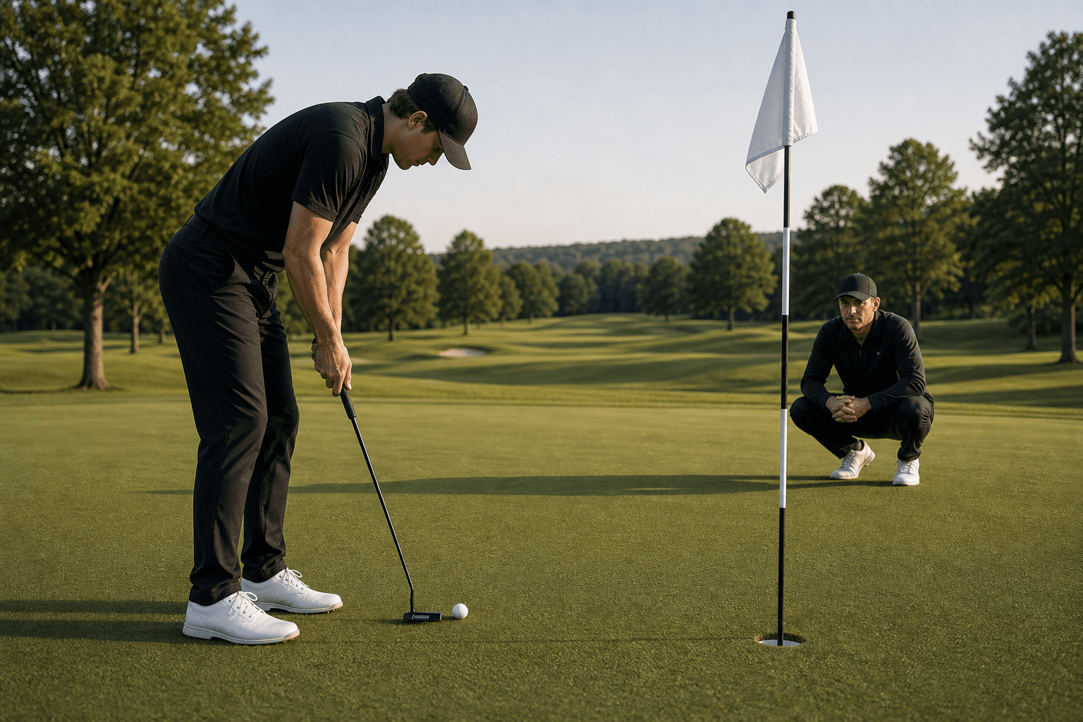 Golfer putting toward the hole on an outdoor course green while a coach squats beyond the cup to observe the stroke.