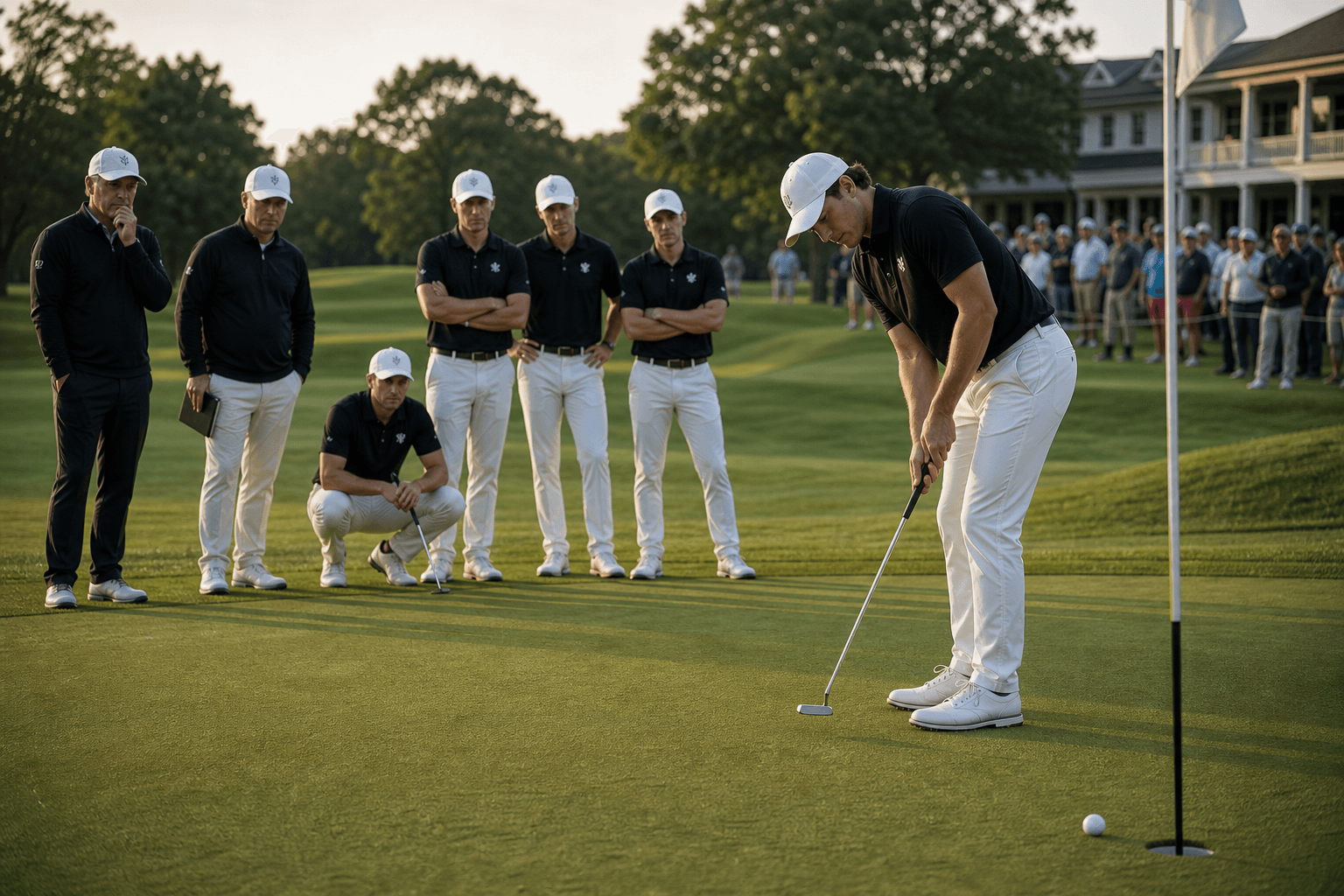 Golfer in a white hat putting on the 18th green while teammates, coaches, and a gallery watch from the side.