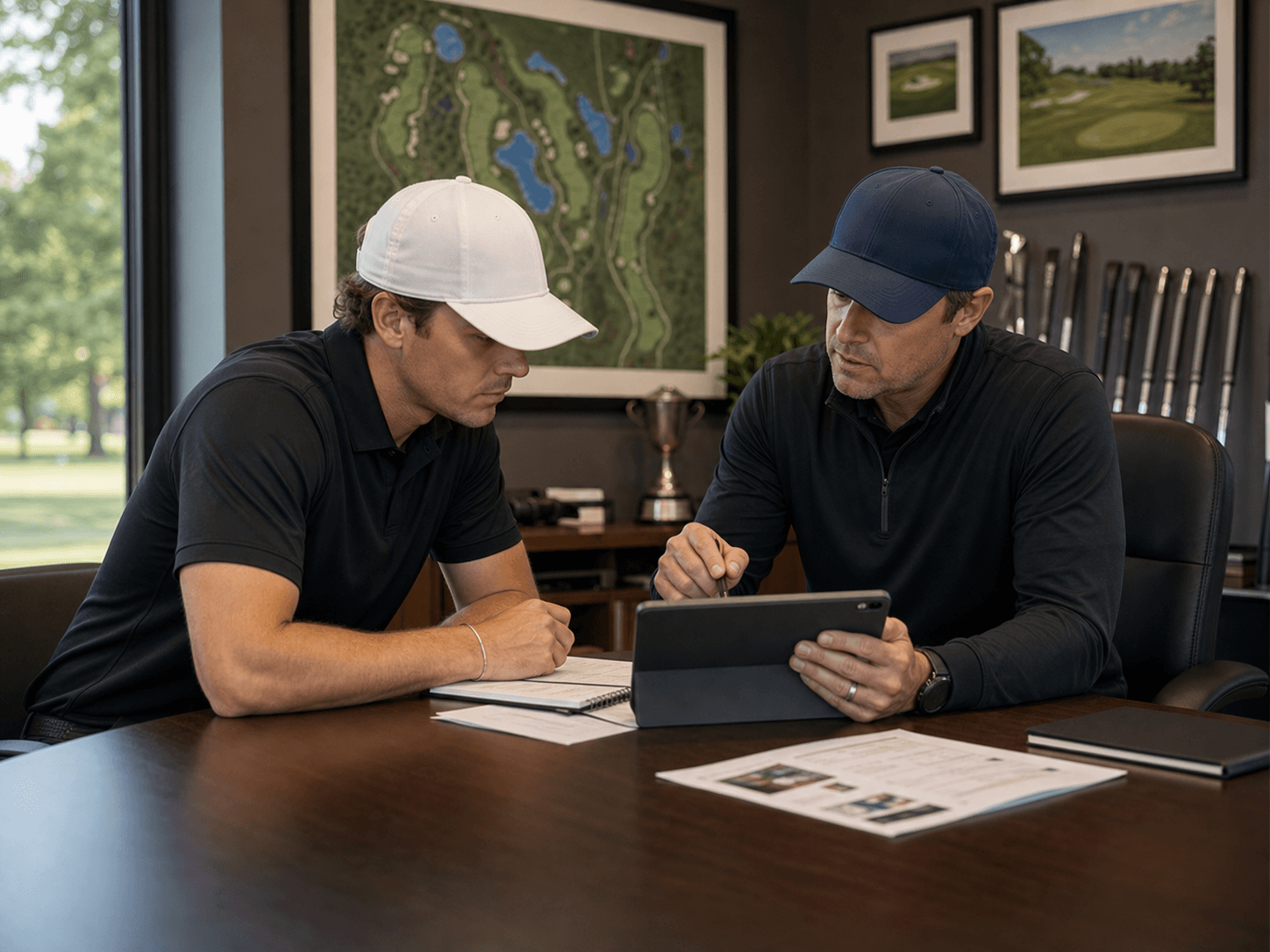 Golfer in a white hat and coach in a blue hat reviewing a weekly practice plan together in a coach's office.