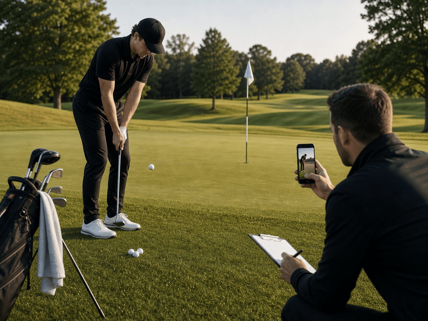 Golfer practicing a chip on an outdoor course while a coach records the swing on a phone and takes notes.