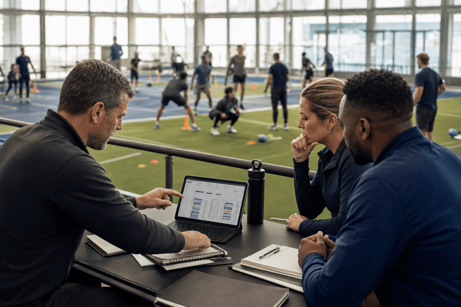 Coaching staff reviewing program data on a tablet while athletes train in an indoor athletic facility.
