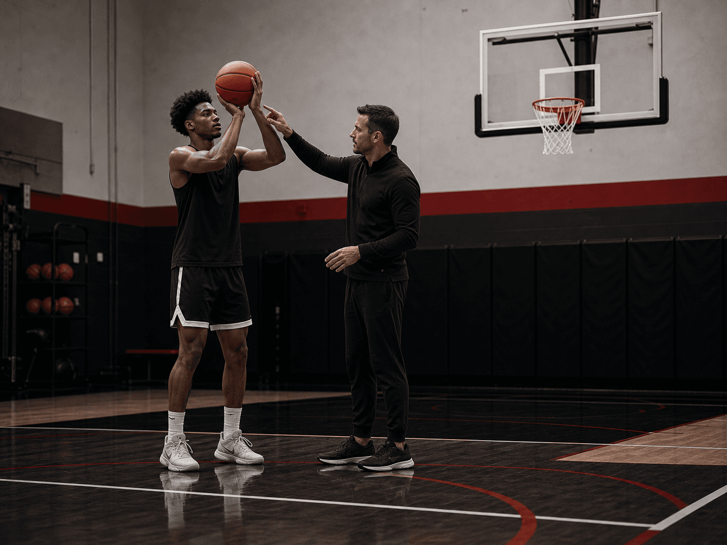 Trainer cueing a basketball player's shot form during an indoor practice session.