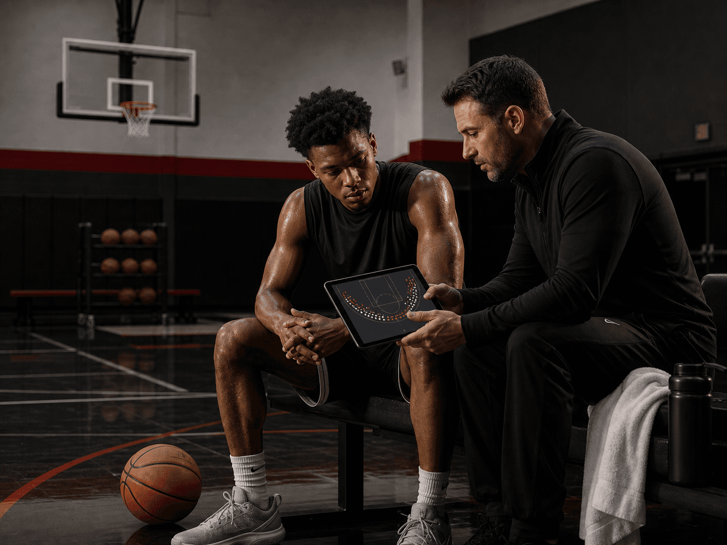 Basketball player and trainer reviewing a shot chart on a tablet courtside.