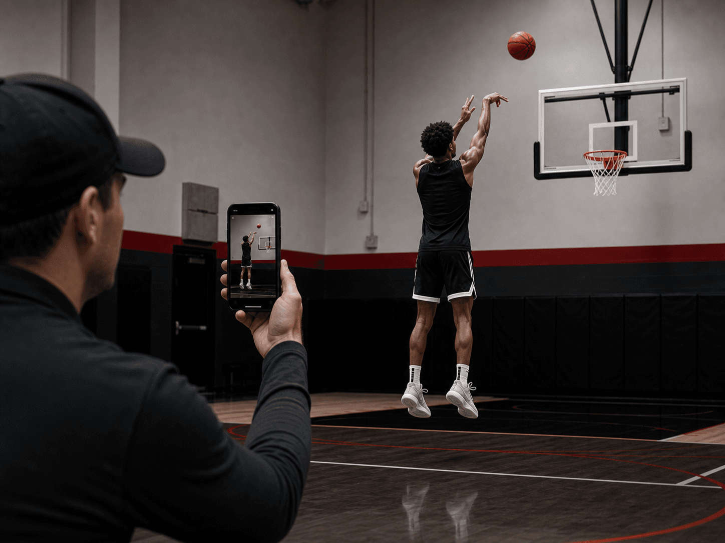 Trainer recording a basketball player taking a jump shot during an indoor shooting session.
