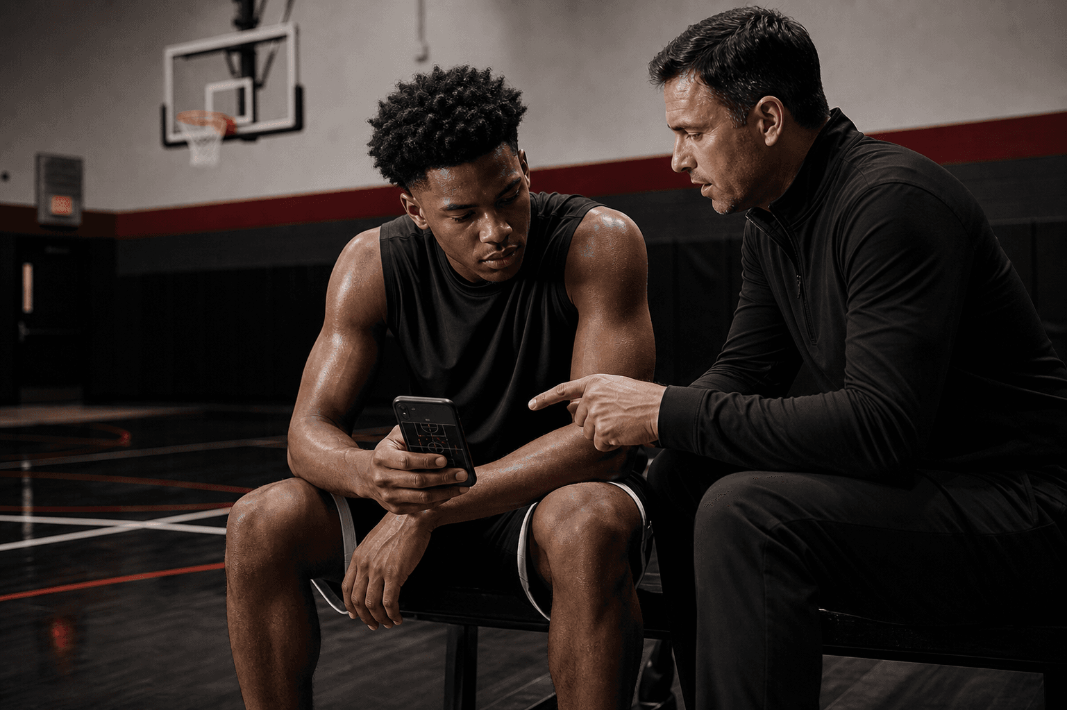 Basketball player and trainer reviewing shooting feedback on a phone after a session.