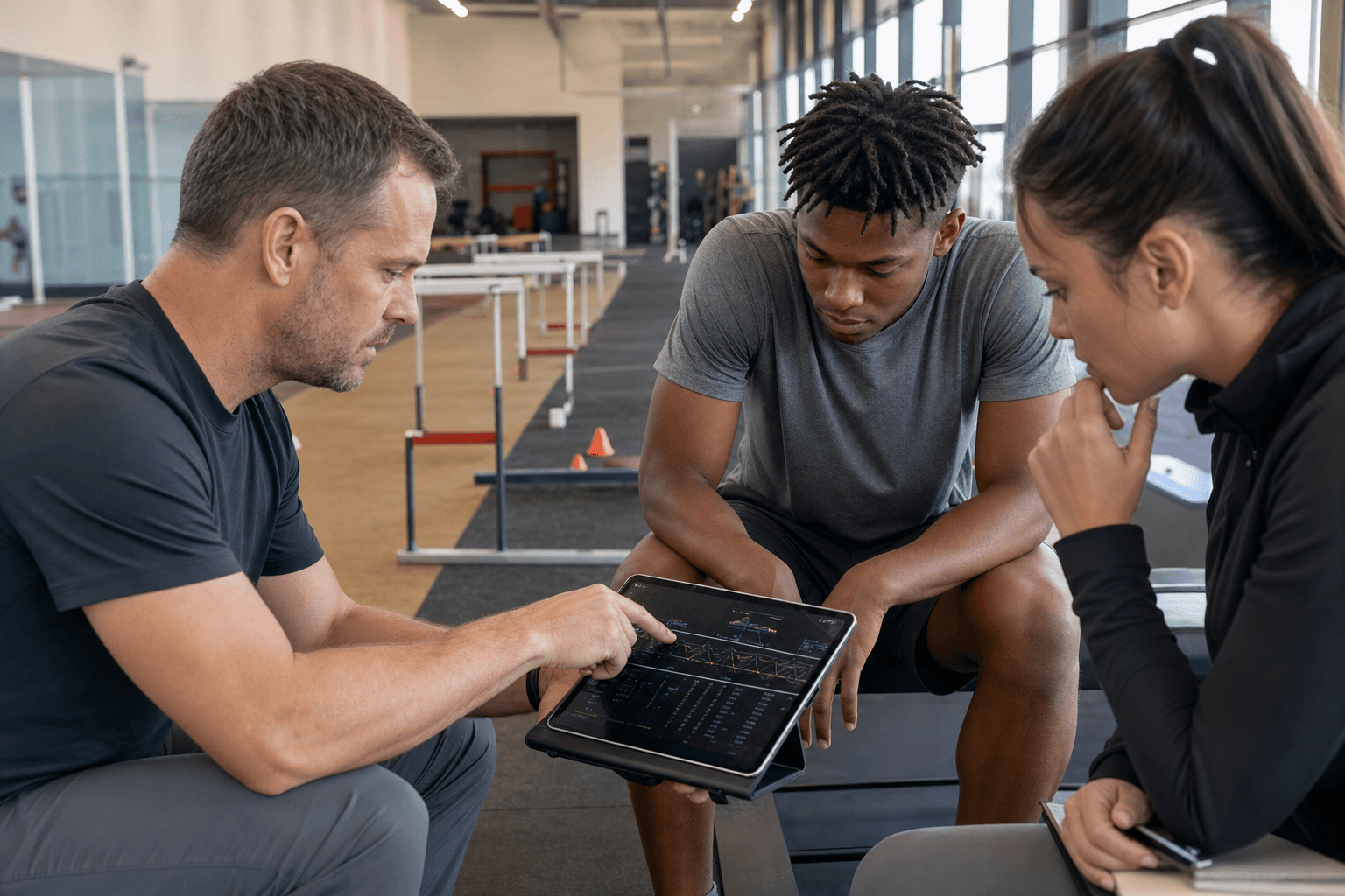 Coach, athlete, and analyst reviewing sprint feedback together inside an indoor training facility.