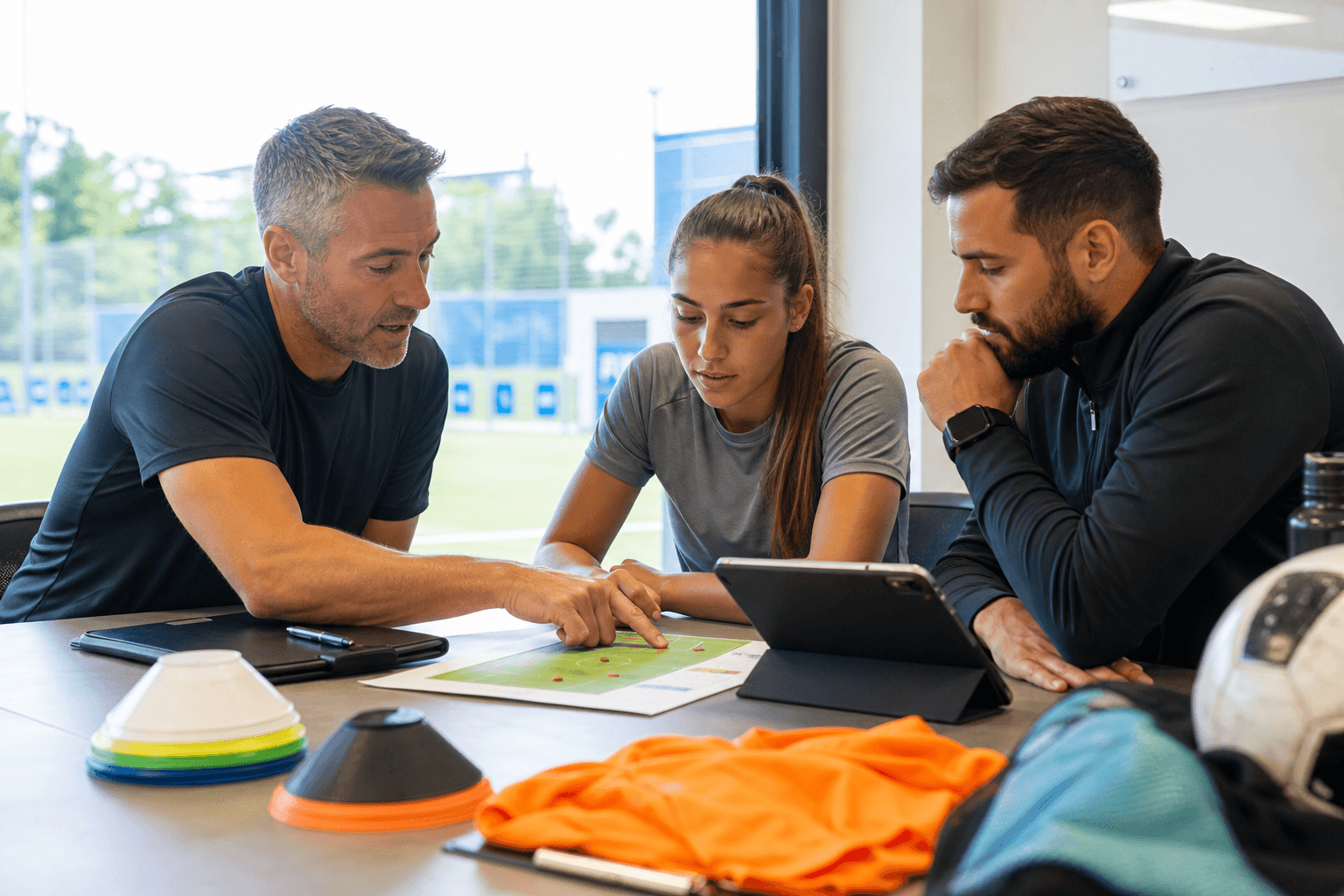Coach, athlete, and assistant reviewing a session plan together at a training table before practice.