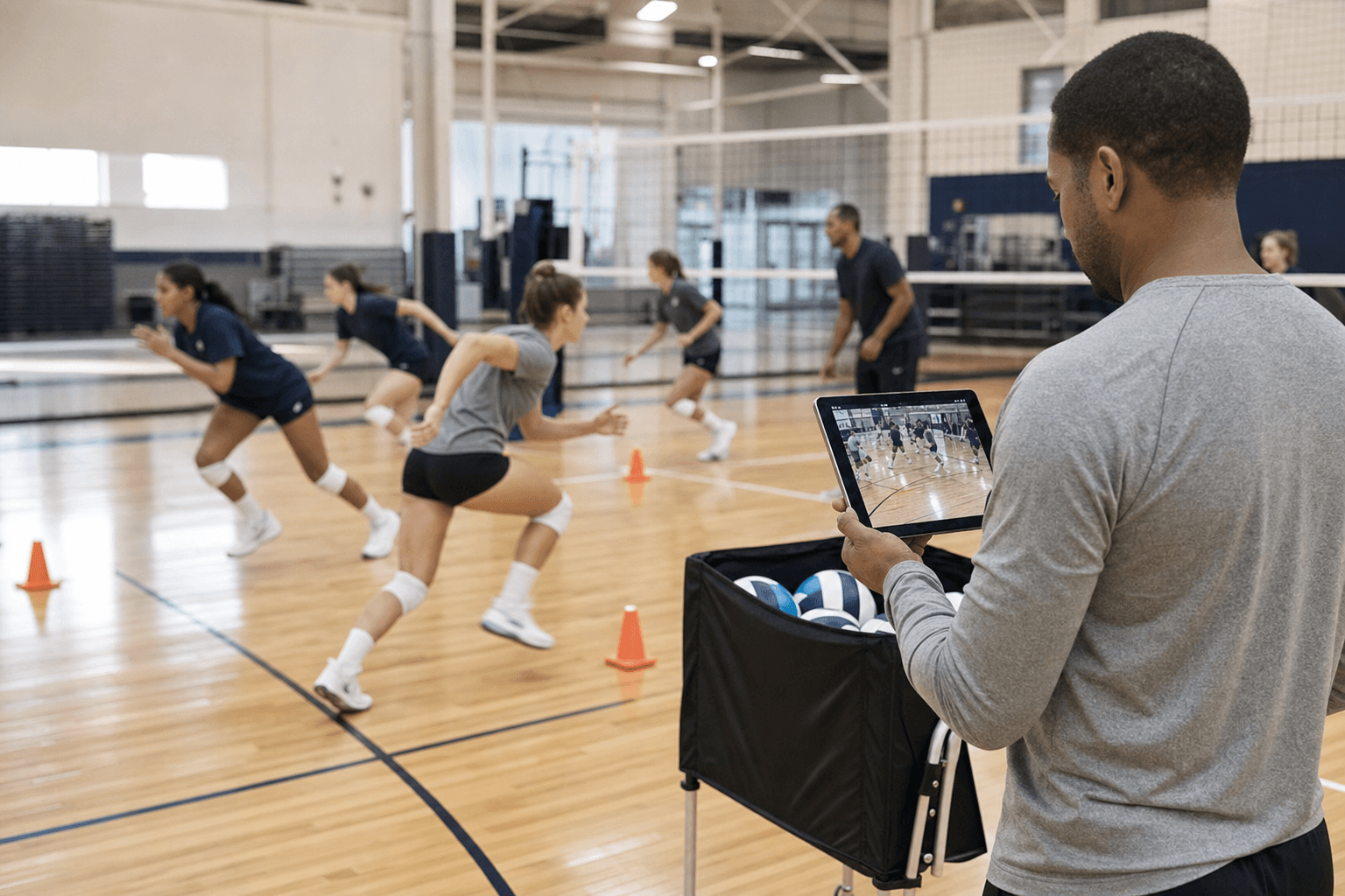 Coach recording a volleyball practice drill on a tablet while athletes move through the court session.